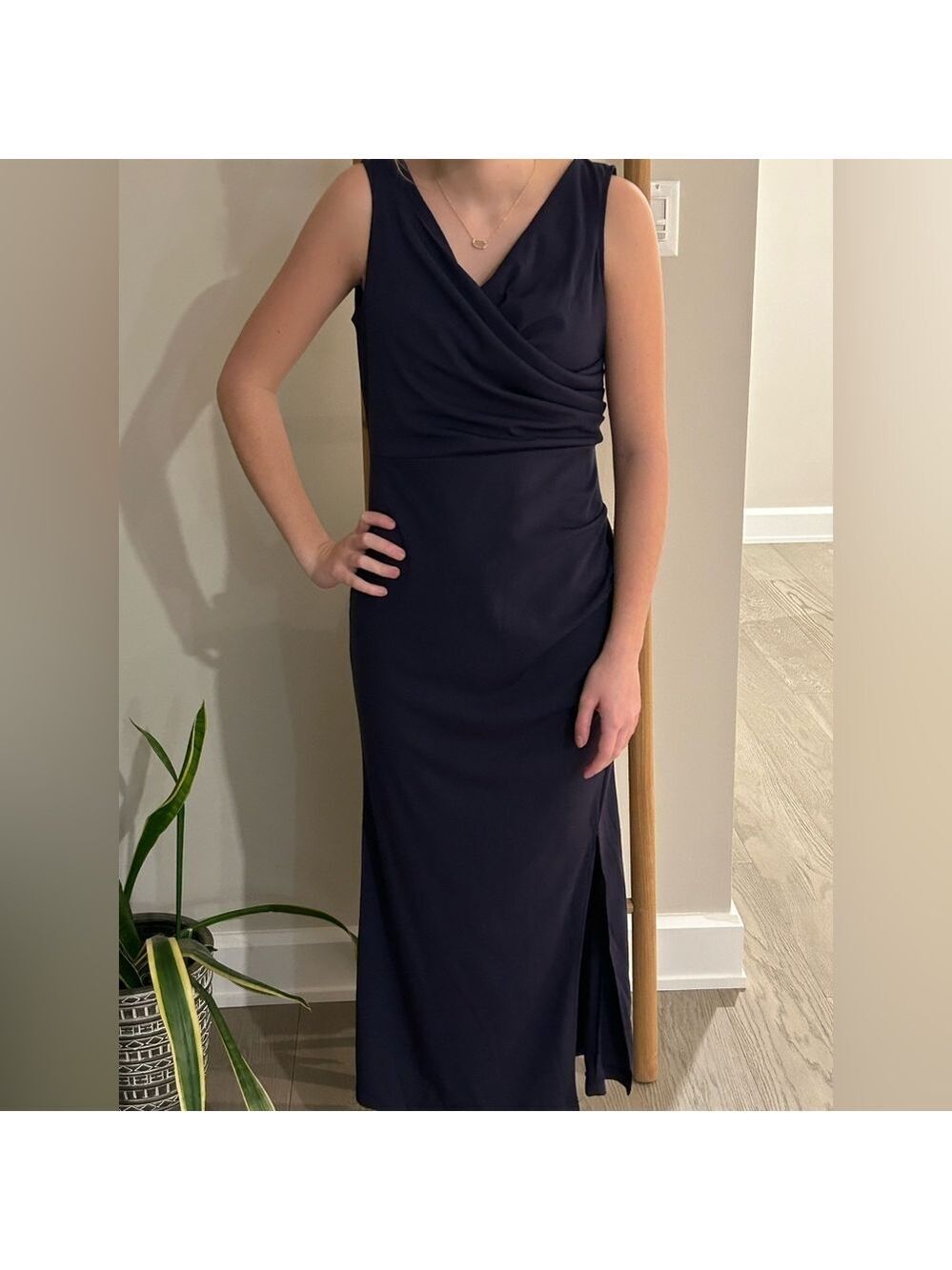 Maxi Navy V-Neck Ruching Long Dress Slit Polyester Cotton Size XL (fits small)